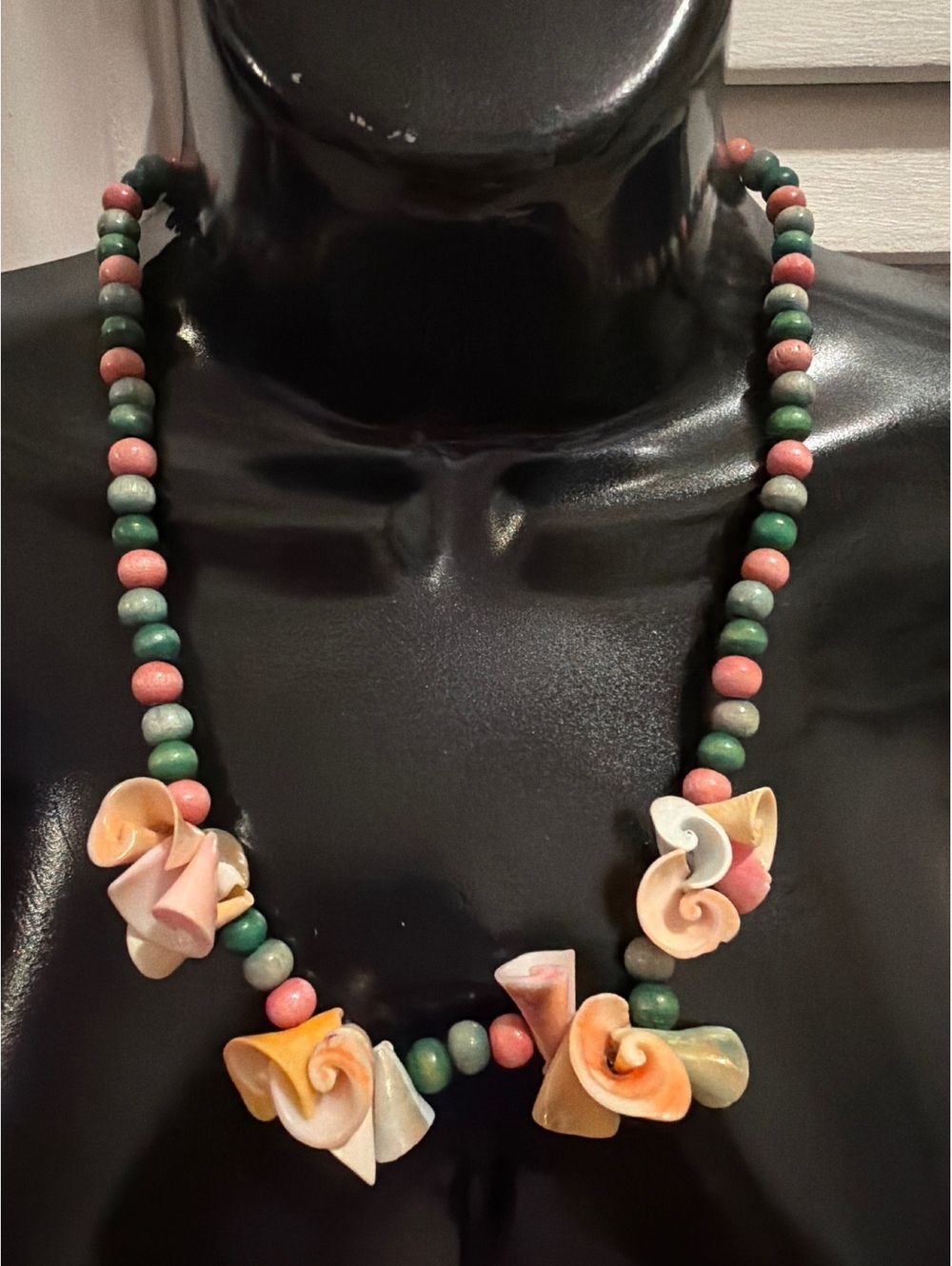 Vintage Green & Pink Beaded Seashell Necklace